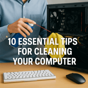 Person cleaning the inside of a desktop computer using compressed air and a microfiber cloth, with open computer case and visible components.