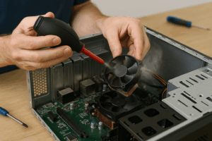 Technician cleaning dust from a computer fan with a brush and compressed air in Milwaukee.