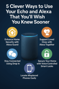 Infographic showcasing 5 clever ways to use Amazon Echo and Alexa with icons for each feature.