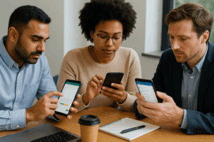 Three diverse professionals collaborating at a wooden table using Android smartphones for office productivity tasks.