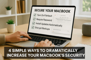 A person using a MacBook in a bright home office, adjusting security settings with a checklist visible on screen.