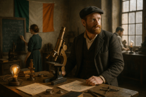 Irish inventor in a vintage workshop examining a brass microscope, with an Irish flag, chalkboard, and assistants in the background.