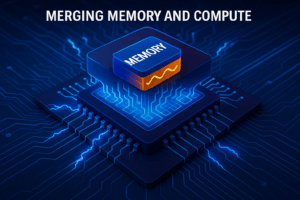 A futuristic illustration of a glowing microprocessor with a stacked memory module on top, symbolizing the fusion of computing and memory functions.
