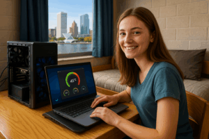 Smiling young woman using a laptop in a dorm room with an open desktop PC nearby, Milwaukee skyline visible through the window.