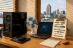Wide-angle view of a PC repair workspace with an open desktop tower, laptop showing 45°C temperature, table fan, and a clipboard with PCRuns summer tune-up details, set against the Milwaukee skyline.