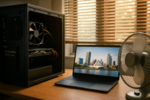 Open desktop computer, laptop displaying Milwaukee skyline, and desk fan in a cozy home workspace with window blinds and summer light.