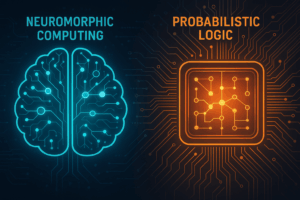  High-resolution illustration showing a glowing neural brain diagram representing neuromorphic computing on the left, and a vibrant circuit-based chip illustrating probabilistic logic on the right.