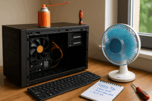 Open desktop computer case with cooling fan, desk fan, compressed air can, and a notepad listing PC cooling tips on a wooden desk by a window.