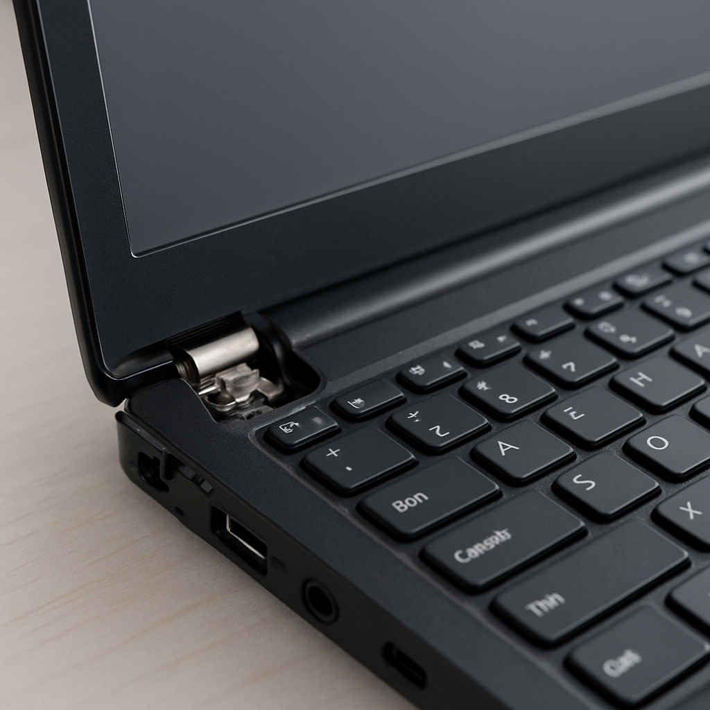 Close-up view of a laptop with a broken hinge and exposed metal components.