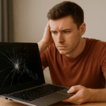 A young man examining a cracked laptop screen with a worried expression