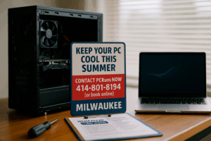 Computer repair desk with open desktop tower, closed laptop, and a clipboard sign displaying PCRuns contact info for summer PC cooling services in Milwaukee.