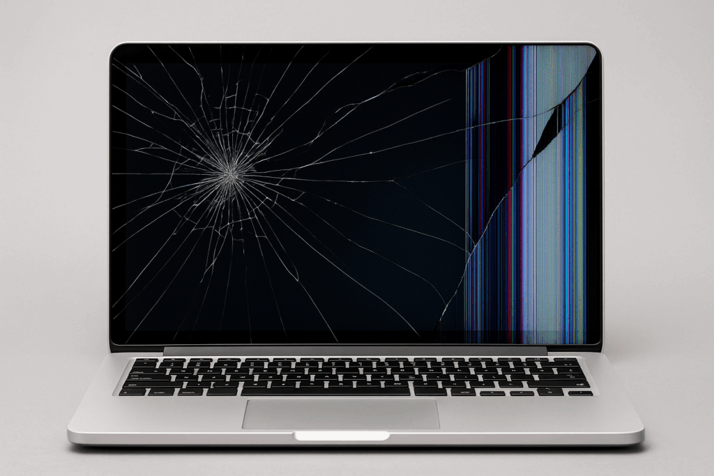 Close-up of a laptop with a cracked screen and multicolored display distortion.