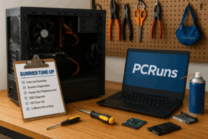 Electronics repair workstation with open desktop PC, laptop displaying PCRuns logo, a Summer Tune-Up checklist, tools, compressed air, and spare components.