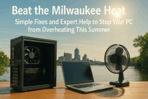 Open desktop PC, laptop, and table fan on a wooden surface with the Milwaukee skyline and summer sun in the background.