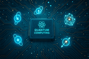 High-definition illustration of a quantum computing chip surrounded by glowing qubits symbolizing electron spin states, set against an intricate circuit board.