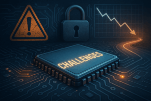 A glowing microchip labeled “CHALLENGES” sits on a circuit board, surrounded by symbols of caution, a padlock, a downward graph, and a glowing road leading into the distance.