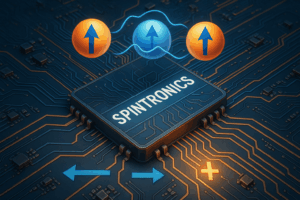 A detailed digital illustration of a spintronics chip surrounded by glowing electron spheres with arrows representing spin, set on a vibrant circuit board.