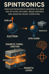 Infographic illustrating the principles of spintronics, including electron spin states, Magnetic Tunnel Junctions, and the relationship to memory and computing.