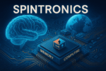 Futuristic illustration showing a glowing brain, circuit board, globe, and a chip marked “Memory” and “Computing” representing spintronics technology.