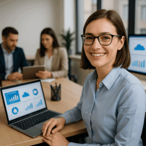 Friendly businesswoman smiling in a modern office while working on updated business technology tools.