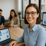 Smiling businesswoman in modern office using upgraded technology with team in background