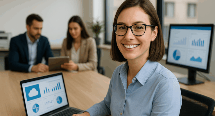 Smiling businesswoman in modern office using upgraded technology with team in background