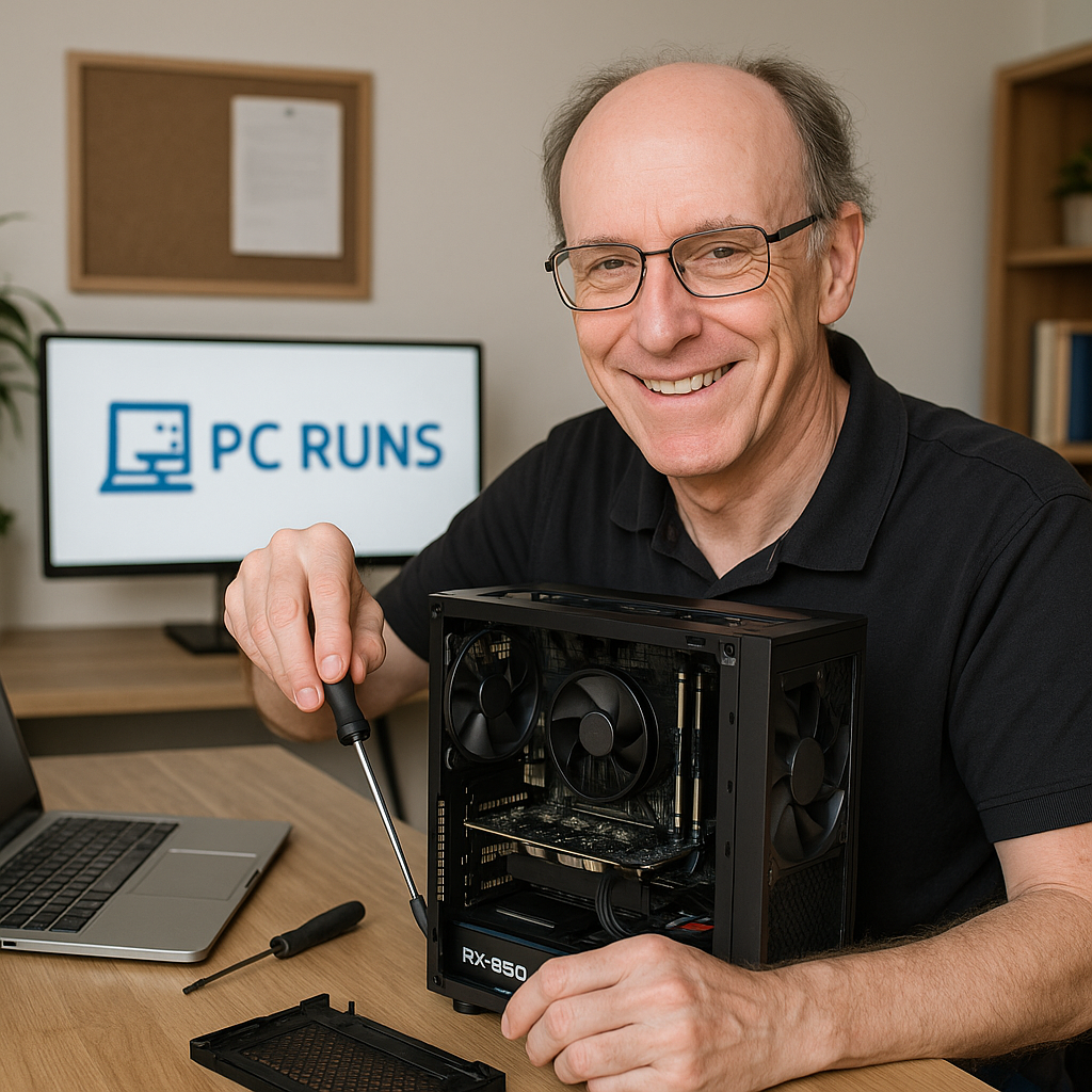 Owner of PC Runs working on a custom-built computer at his desk