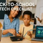 Wide featured collage showing a student on a laptop, a parent helping a child set up Wi-Fi, a teacher presenting, and a laptop with a tech checkup screen.