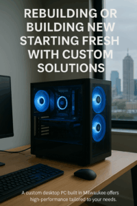 Custom-built desktop PC with blue LED cooling fans in a Milwaukee office.