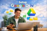 A man using Google Drive on his laptop to organize and back up files in the cloud.