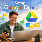 A man using Google Drive on his laptop to organize and back up files in the cloud.
