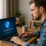 Person working on a computer while addressing turn on Windows Security