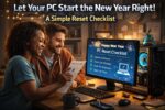 Two people reviewing a PC reset checklist at a home office desk to start the new year