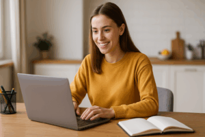 Smiling young woman working on a laptop with books and a notebook at her desk.