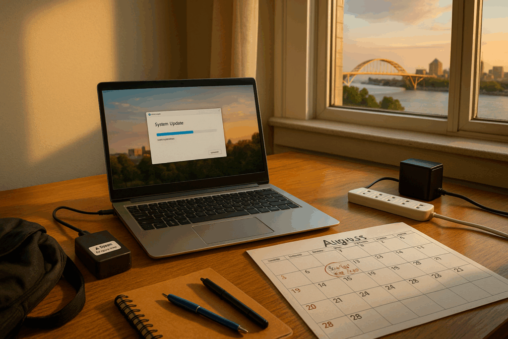 Laptop running system update beside an August calendar and surge strip, with Milwaukee’s Hoan Bridge outside the window.