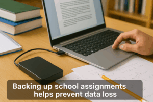 Close-up of a student backing up school files to an external hard drive connected to a laptop.