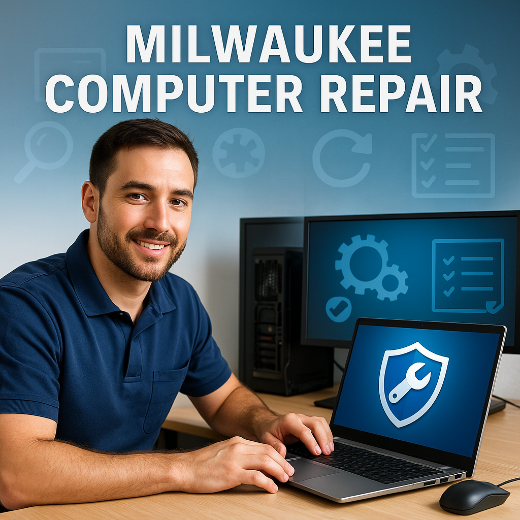 Milwaukee computer repair technician working on laptop in professional workspace.