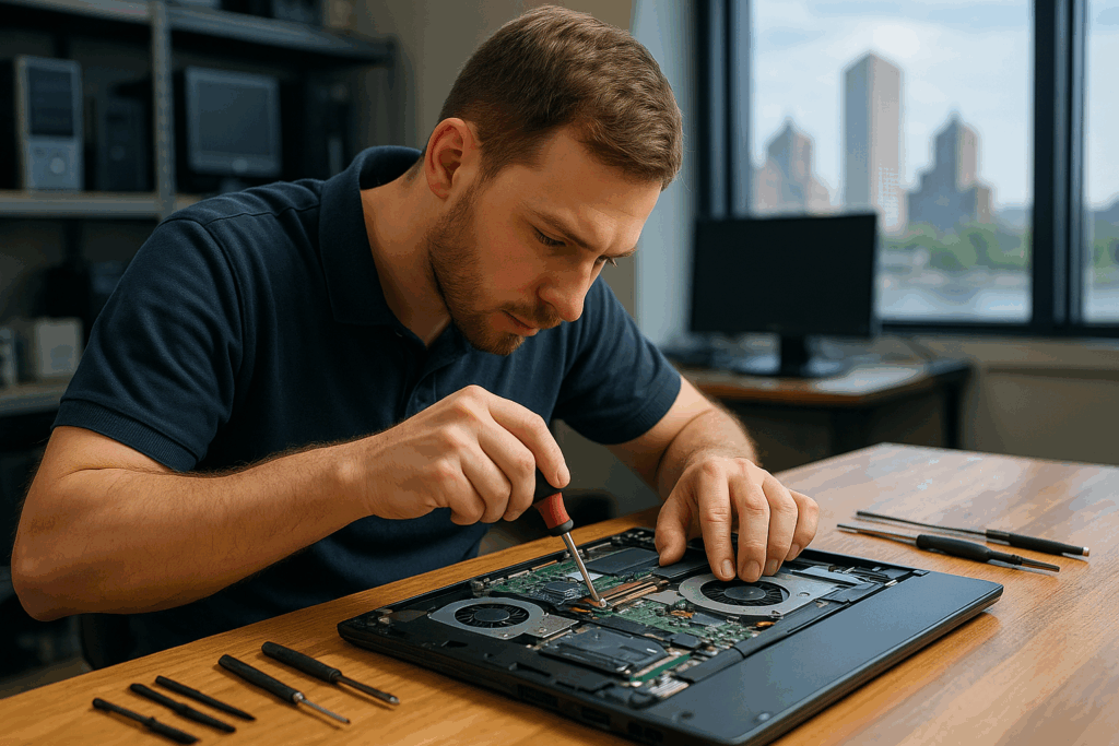 Milwaukee computer technician repairing and upgrading a laptop at a workbench.