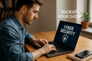 A Milwaukee man working on a laptop showing cybersecurity and backup warning.