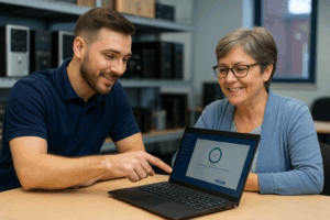 Milwaukee technician showing a customer a laptop cleanup tool for removing unnecessary software.