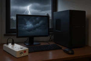 Desktop computer connected to a surge protector and battery backup during a Milwaukee thunderstorm.