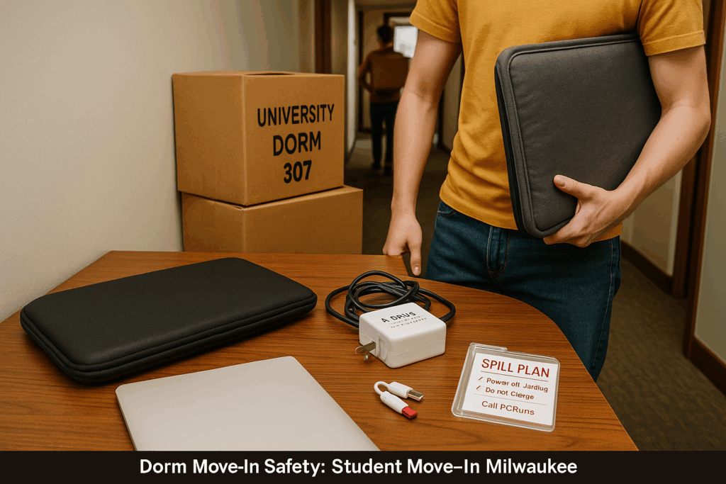Student holding a padded laptop sleeve; desk with labeled charger, laptop, and “Spill Plan” card in a Milwaukee dorm.