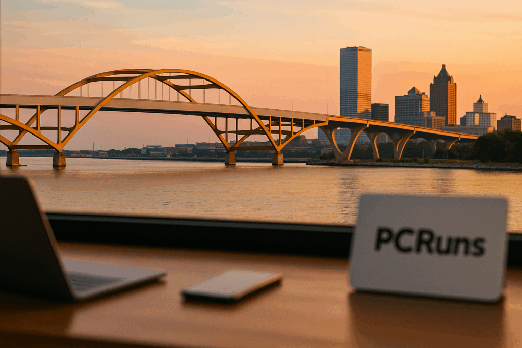 Milwaukee Hoan Bridge at golden hour seen from a desk with laptop and phone; PCRuns card in foreground.