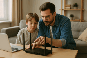 Parent and child setting up a Wi-Fi router at home in Milwaukee.