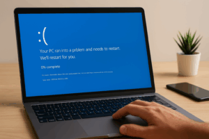 Laptop screen showing a critical error message and system crash warning.