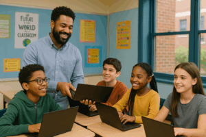 Milwaukee students receiving refurbished laptops in a nonprofit classroom.