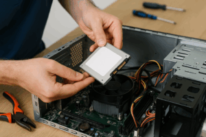 Technician installing a solid-state drive (SSD) into an older desktop computer in Milwaukee.