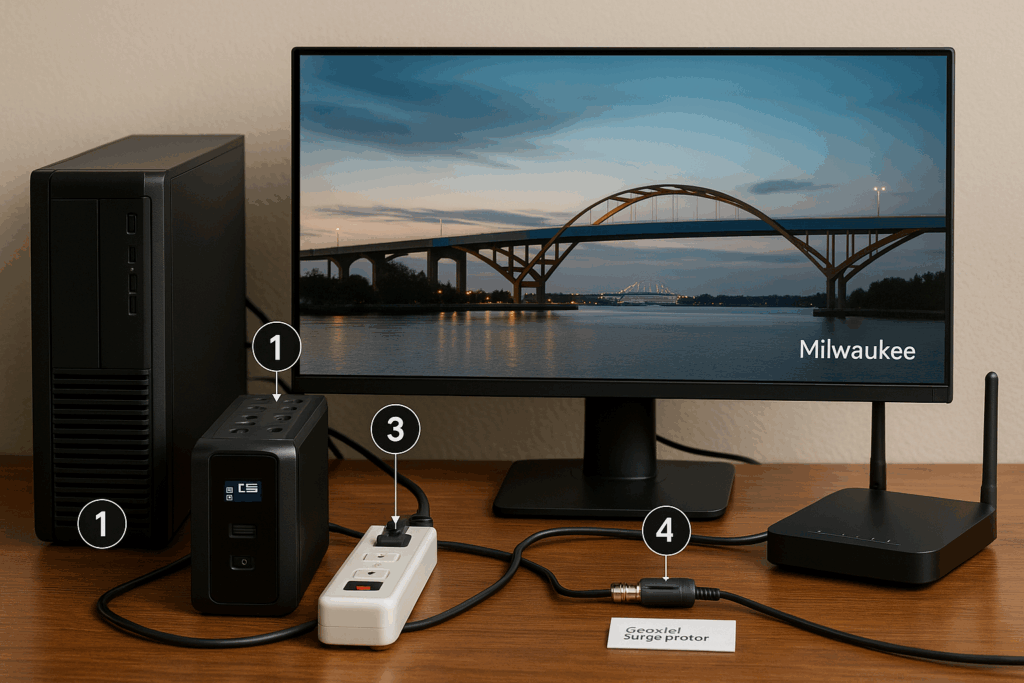Desktop PC with UPS, surge strip, coax protector, and router labeled 1–4; Hoan Bridge on the monitor.