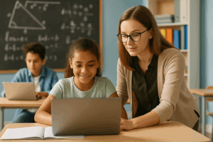 Teacher assisting a student with her laptop in a Milwaukee classroom.