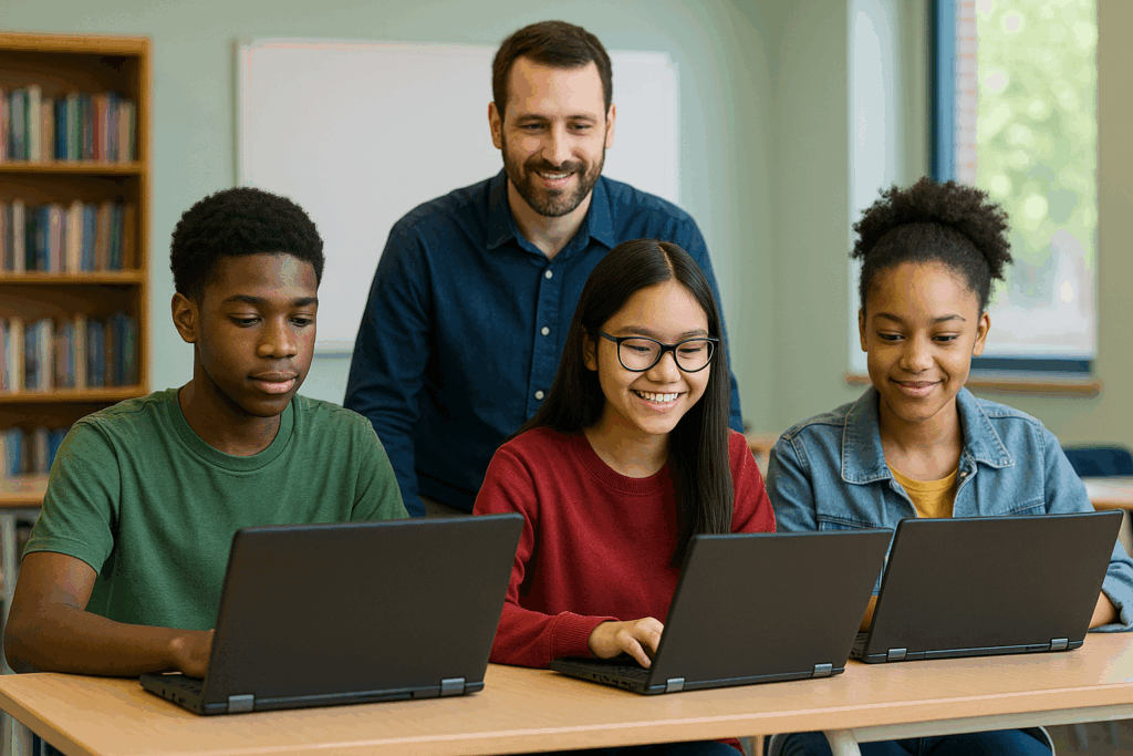 Sherman Park teacher in Milwaukee using a refurbished laptop with students in a classroom.